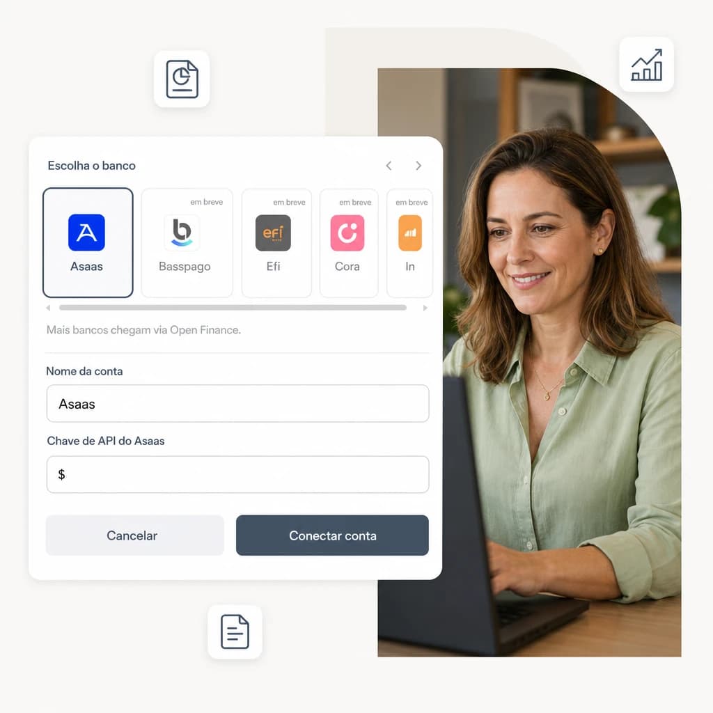 Modal de conexão de conta no Stacky com o Asaas selecionado entre os bancos disponíveis, o nome da conta e o campo para colar a chave de API