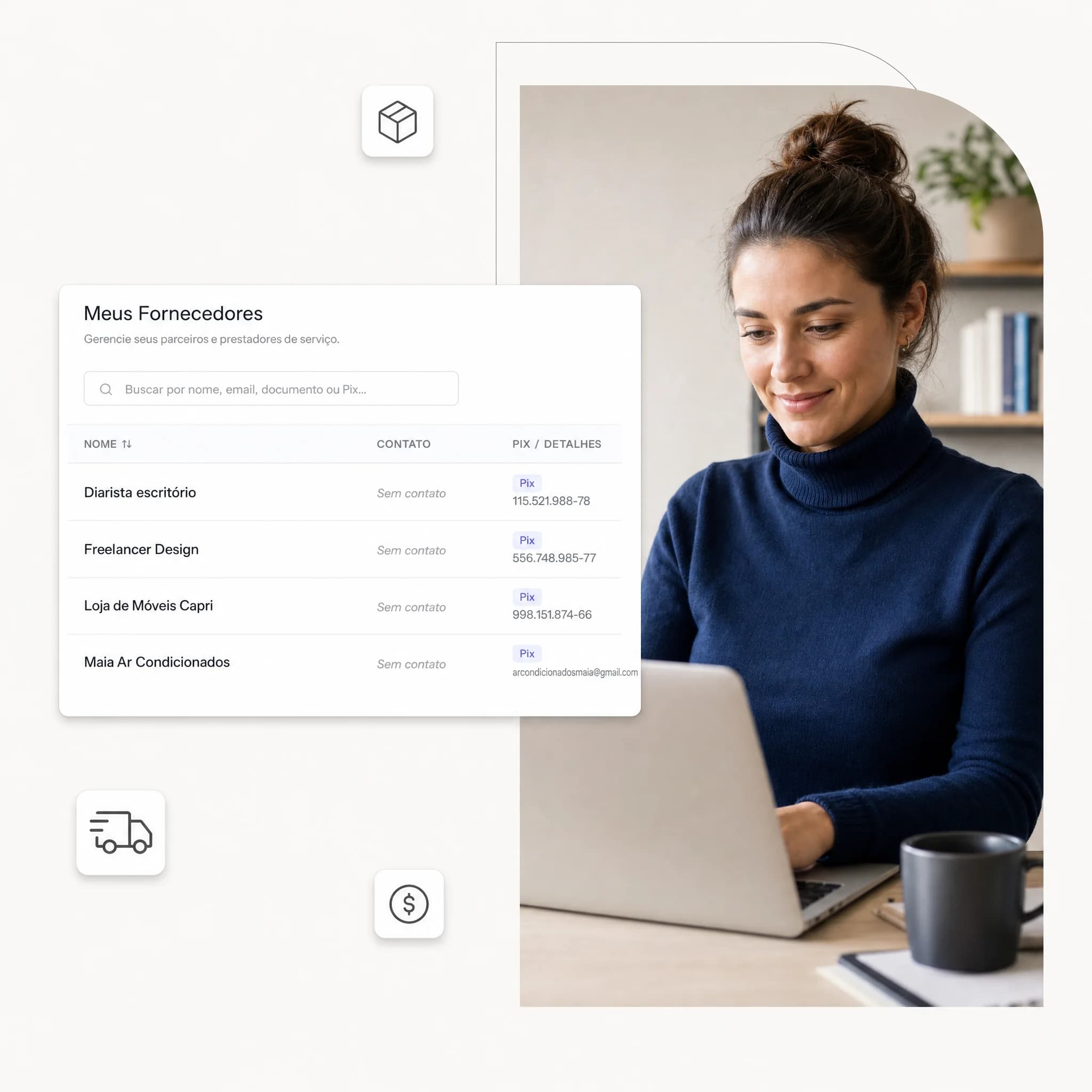 Lista de fornecedores no Stacky com nome, contato e chave Pix de cada um