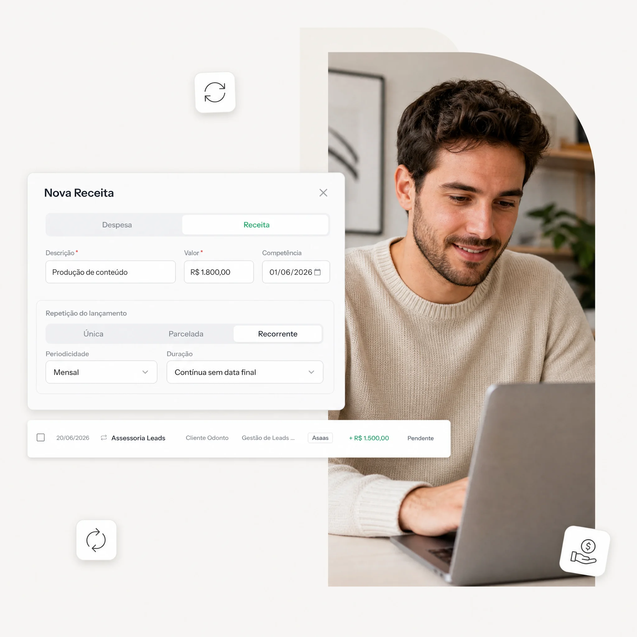 Tela de novo lançamento no Stacky: uma receita recorrente mensal, com descrição, valor e competência
