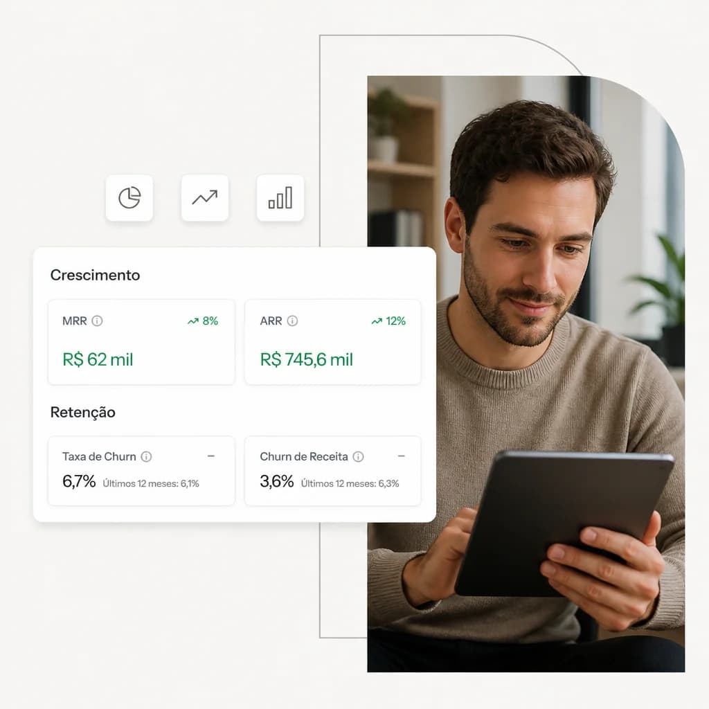 Métricas de recorrência do Stacky: MRR, ARR, taxa de churn e churn de receita, com a variação dos últimos 12 meses