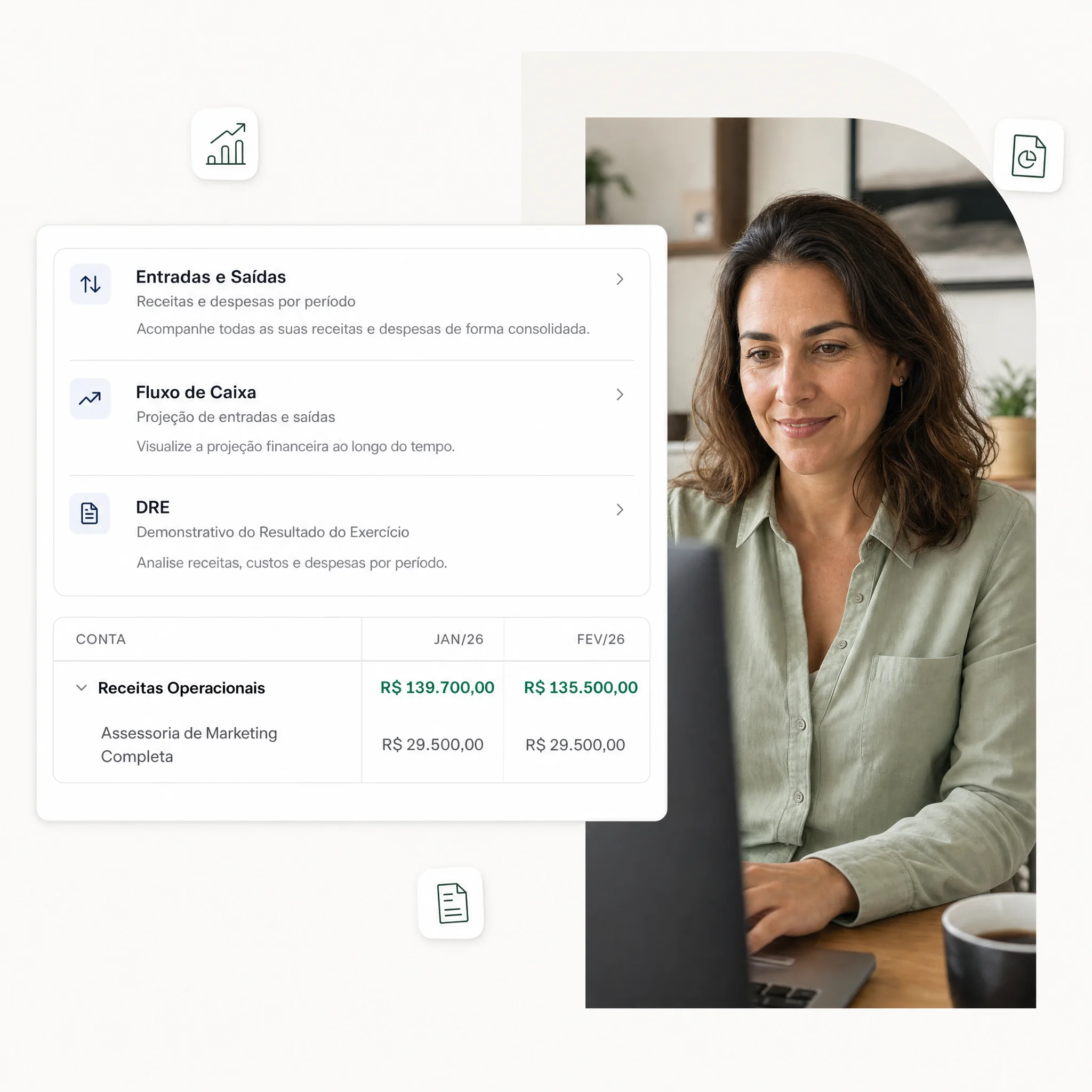 Relatórios financeiros no Stacky: Entradas e Saídas, Fluxo de Caixa e DRE, com a tabela do DRE por período