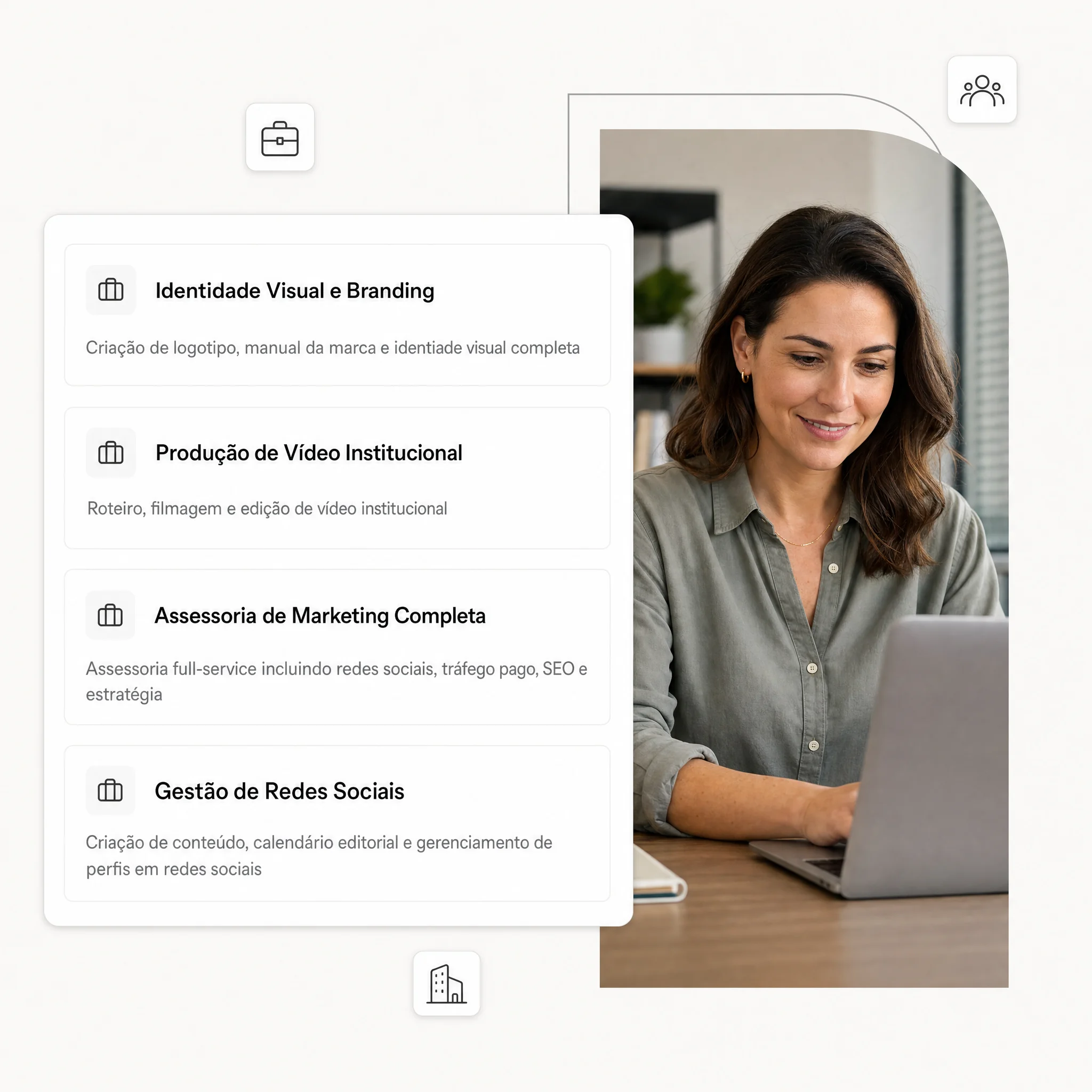 Catálogo de serviços no Stacky: branding, vídeo institucional, assessoria de marketing e gestão de redes sociais