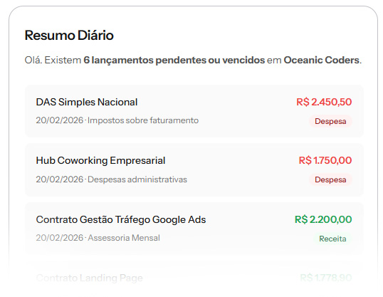Resumo diário do Stacky por e-mail, com os lançamentos pendentes e vencidos do dia, a pagar e a receber, organizados por data