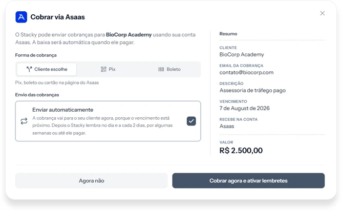 Modal de cobrança do Stacky para a BioCorp Academy, com a forma de cobrança, o envio automático e o resumo da receita de R$ 2.500,00