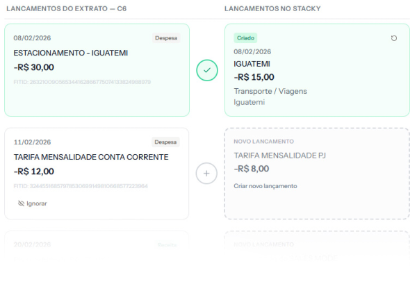 Tela de conciliação do Stacky: os lançamentos do extrato do banco à esquerda e os lançamentos já registrados à direita, com sugestões de correspondência