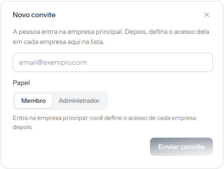 Tela de convite de membro no Stacky, com o papel (membro ou administrador) e o acesso por empresa