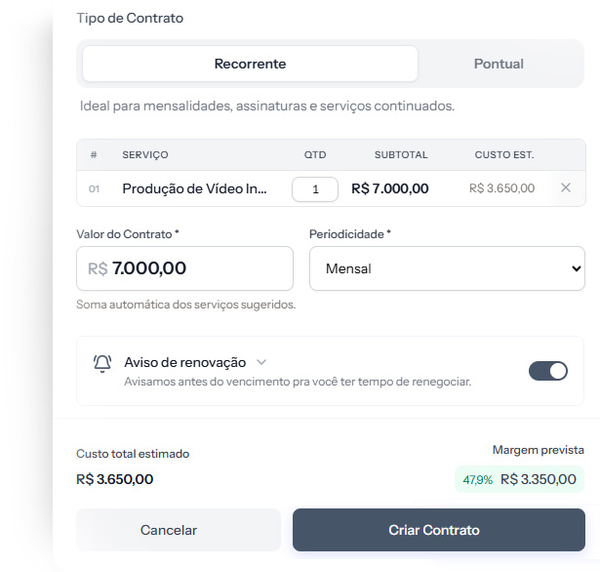 Tela de novo contrato no Stacky com serviços, quantidades, custo estimado e a margem prevista antes de criar