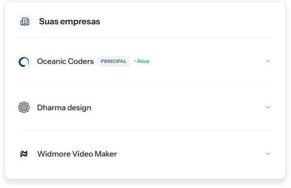 Seletor de empresas no Stacky com as três empresas da conta (Oceanic Coders (principal), Dharma design e Widmore
